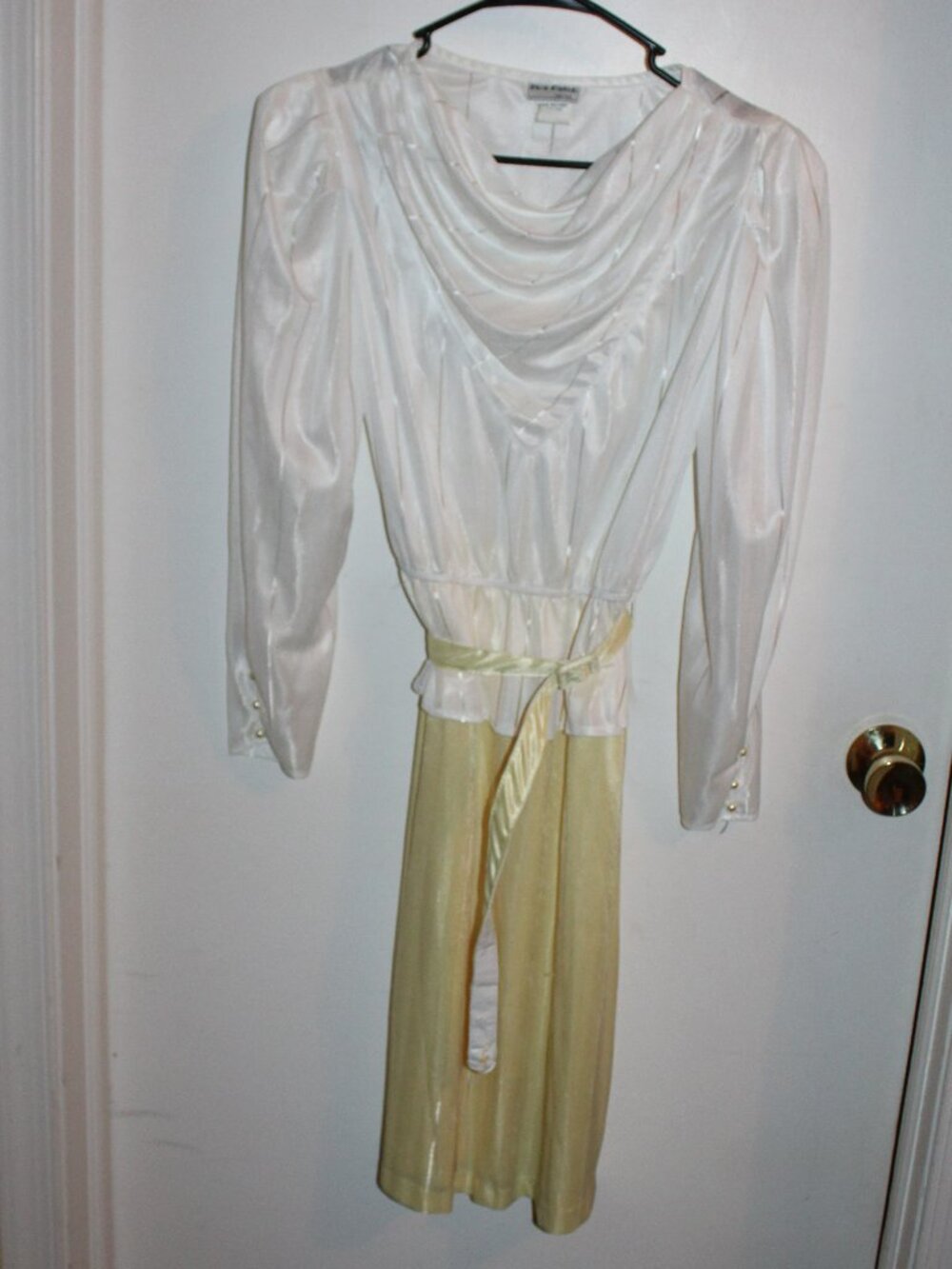 Vintage Pea Patch Dress Long-sleeved, draped neckline, contrasting yellow skirt